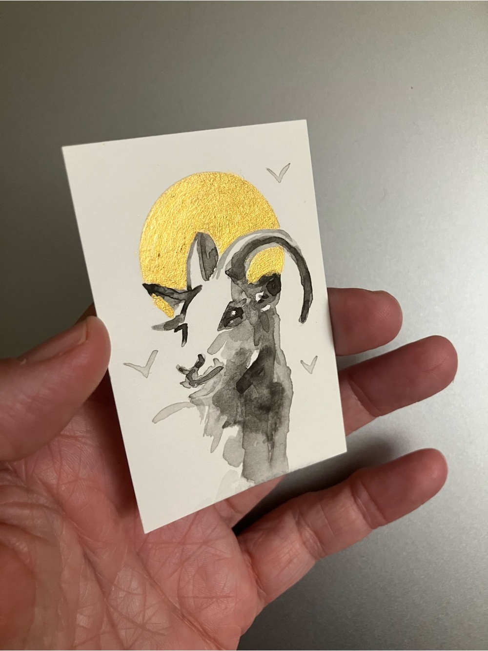 Original baby goat miniature realism painting sumi-e style art western USA